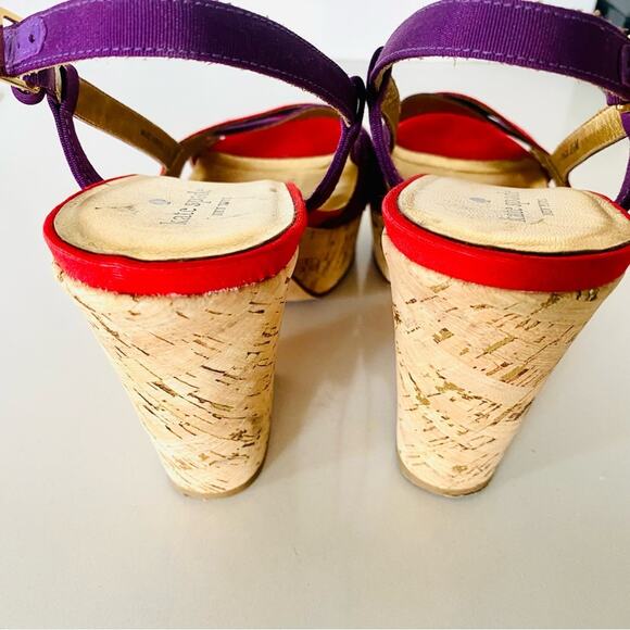 KATE SPADE Purple Red Colorblock Penny Cork Wedges Heeled Sandals Slingback 9.5 - Picture 9 of 12